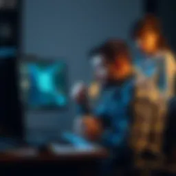 Man stressed over Dota patch with coffee A man sits at a desk, staring at a computer screen showing a Dota game, looking anxious while holding a coffee cup. Behind him, a woman appears concerned as she watches.