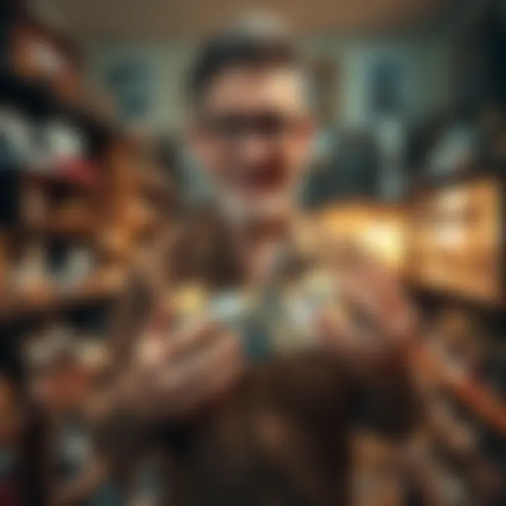 A man proudly displays a vast collection of rare items and treasures, showcasing coins, collectibles, and unusual artifacts in a cluttered room.