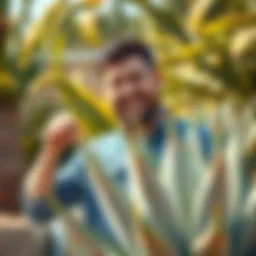 A man proudly showing off his agave plant in a sunny garden, expressing joy and passion for this beloved plant.