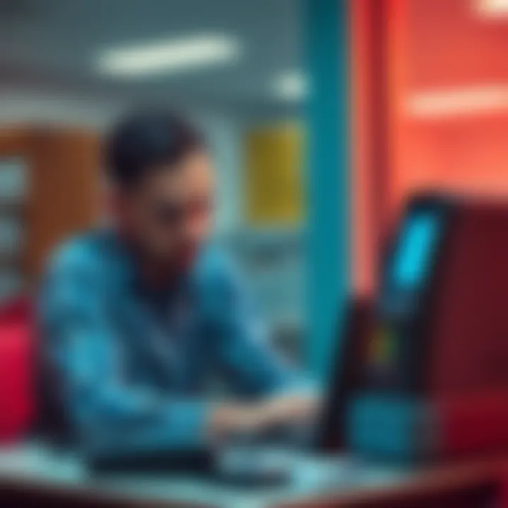 A man sits at a table with a punch card terminal and HRA machine, looking at a laptop for help; frustration is visible on his face.