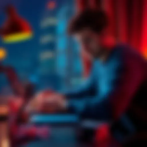 A man from the UK explores Xbox Game Pass on a laptop while sitting at a desk in Oman, with a USA gift card nearby.