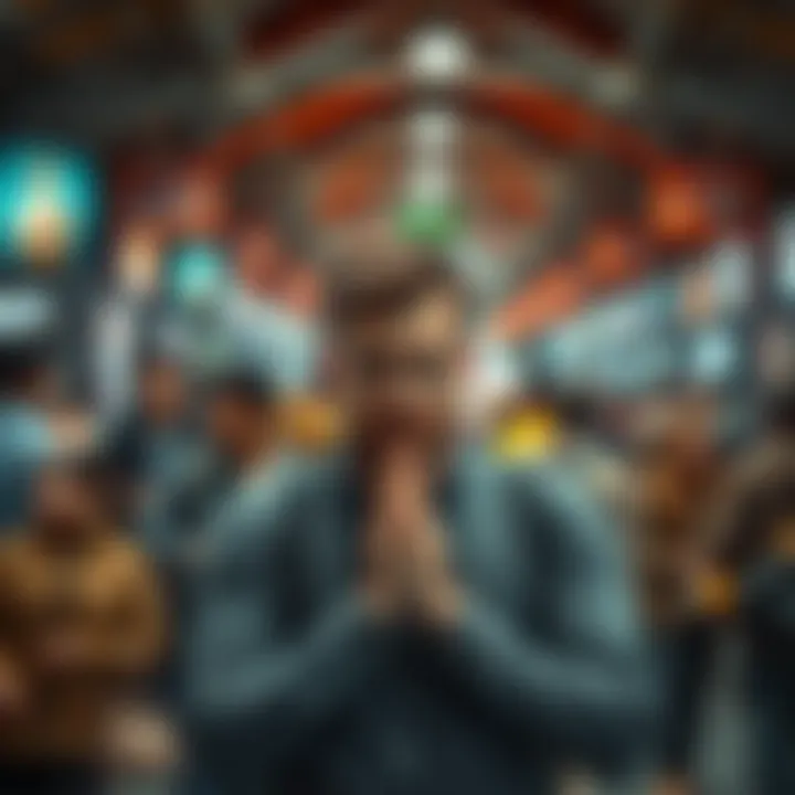 A man with a worried expression stands in a busy area, surrounded by people. His hands are clasped together as he appears to be struggling with anxiety.