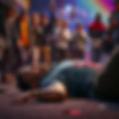 Man in distress after attack A man is shown on the ground, showing signs of distress and injuries after being attacked, with a concerned crowd nearby.