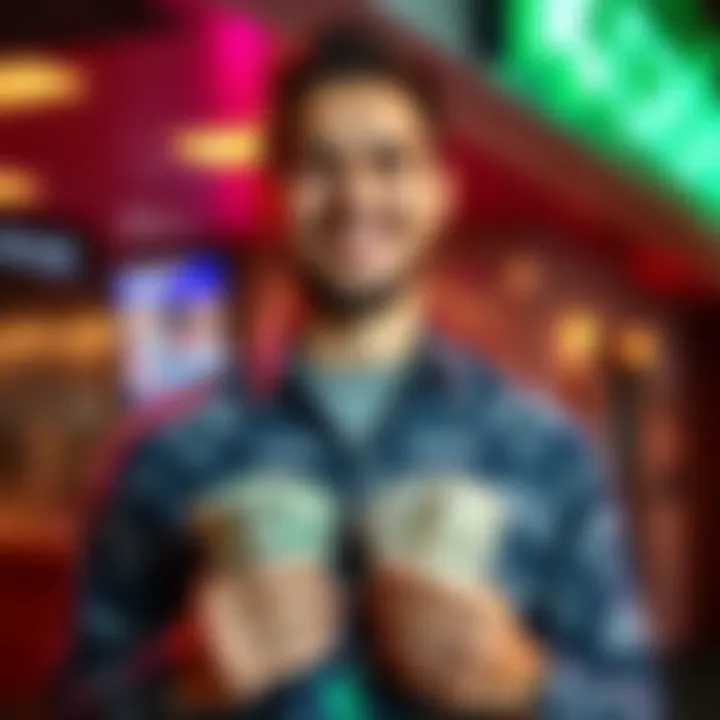 A man wearing a shirt with cash symbols, smiling and holding dollar bills, representing the name Cash