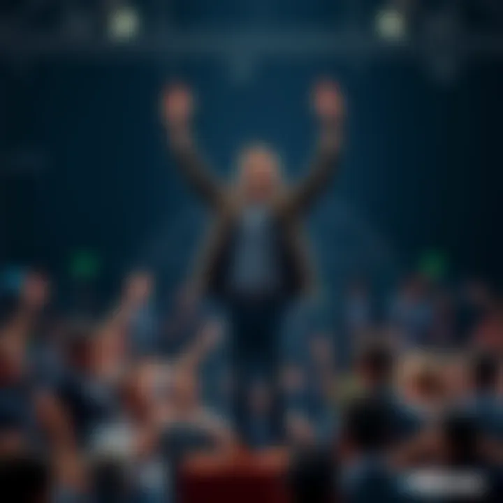 Man celebrating success A man standing on a podium with his arms raised in triumph, surrounded by a crowd showing mixed reactions of joy and frustration.