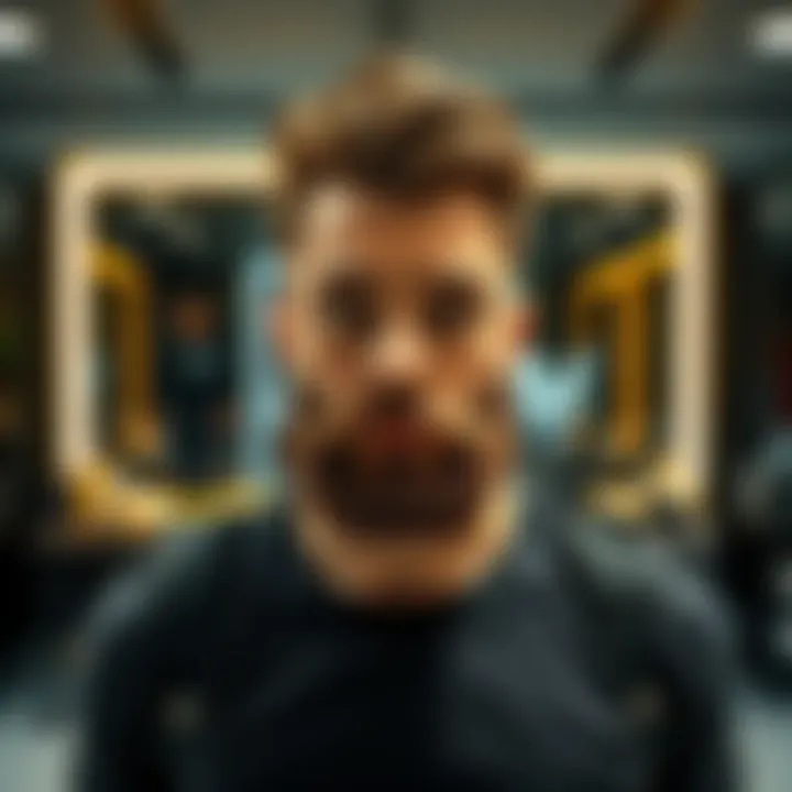 A man showcasing various styles of customizable facial hair, reflecting personal style and individuality, standing in a modern grooming studio.