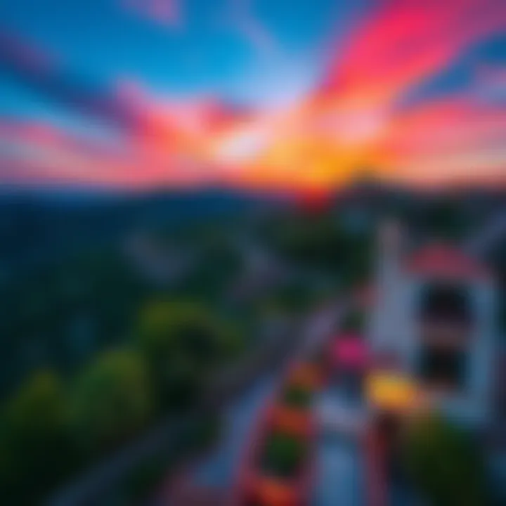 A vibrant sunset over the hills of Man Cyrene with lush greenery and traditional architecture in the foreground.