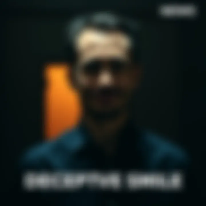 Man with a Deceptive Smile A smiling man with a shadowy expression, hinting at hidden motives, standing in a dimly lit room.