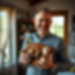 A man happily arranging unique items on a wood plaque in his home