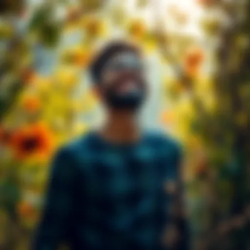 A cheerful man surrounded by nature, smiling and embracing the moment, embodying joy and positivity.