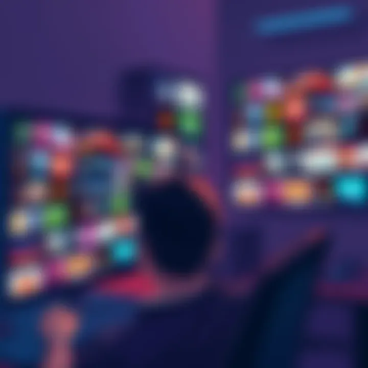 A man looking at a computer screen filled with colorful game thumbnails on Steam, excited about discovering new games.