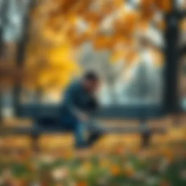 Man facing challenges A man sitting alone on a park bench, looking pensive and sad, surrounded by autumn leaves.