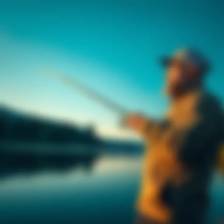 A skilled man fishing by a lake, pondering the contrast between his abilities and his hobby.