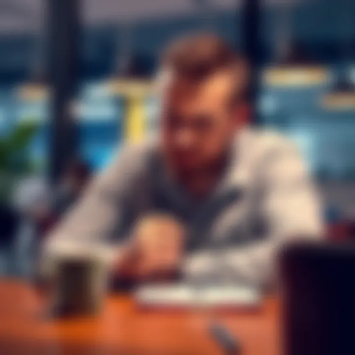 A man with a frustrated expression, sitting at a table with a notepad, reflecting on his repeated mistakes, while a coffee cup sits nearby.