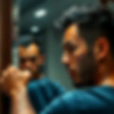 A man looking at himself in the mirror, frustrated with his hair growth while trying to achieve a look inspired by a character named Leon.