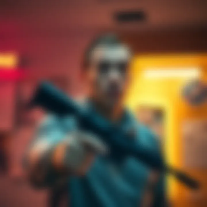 Man holding a P90 firearm A man looks shocked while holding a P90 firearm, contemplating his decision to stop using it.