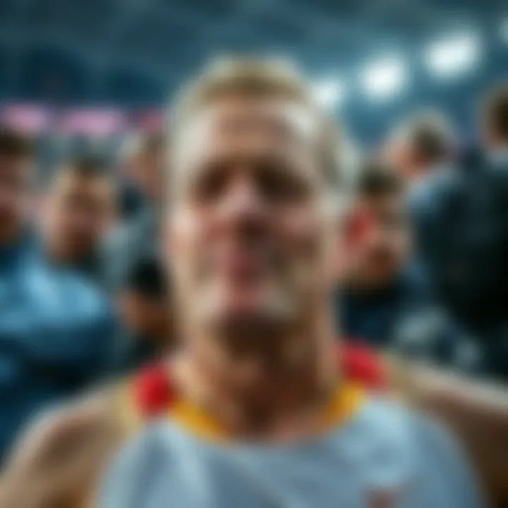 Man injured by javelin A man with a painful expression after being hit in the face by a javelin, surrounded by concerned onlookers at a sports event.