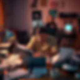 Man juggling work and family A man sits at a cluttered desk surrounded by paperwork, coffee cups, and gaming equipment, looking stressed while his wife talks to her boyfriend in the background.