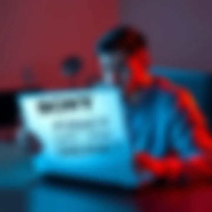 Man using a laptop with a warning sign A person looking worried while using a laptop, with a warning sign about internet shutdown for piracy