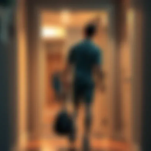 A man in athletic gear walking out the door with gym bag in hand, looking back at his surprised wife.