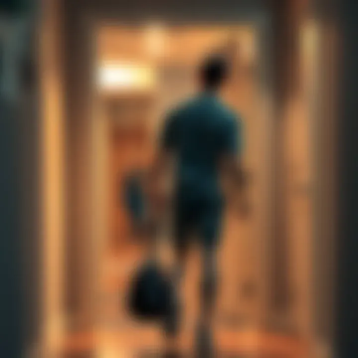 A man in athletic gear walking out the door with gym bag in hand, looking back at his surprised wife.