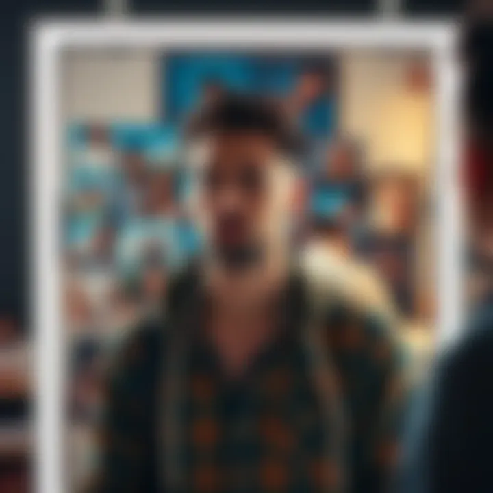 A man standing in front of a mirror, reflecting on his appearance with a thoughtful expression, surrounded by beauty-related images and comments from people.