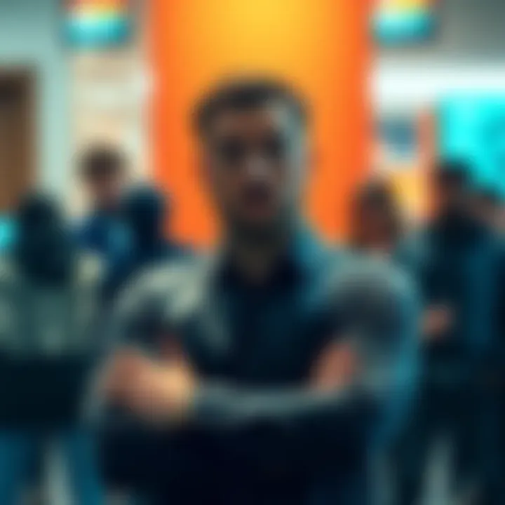 A man with a skeptical expression, arms crossed, standing in front of a group discussing contributions.