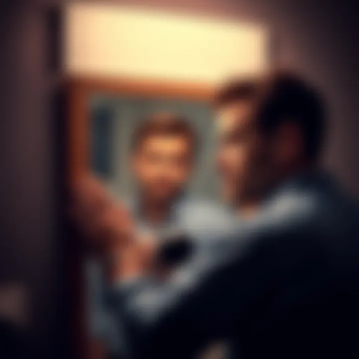 A man examining his reflection with a thoughtful expression, exploring issues related to body image and confidence.