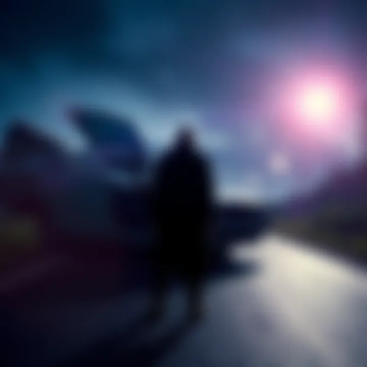 A shadowy figure stands next to a damaged car on a dark road, hinting at a tragic accident involving the protagonist's family.