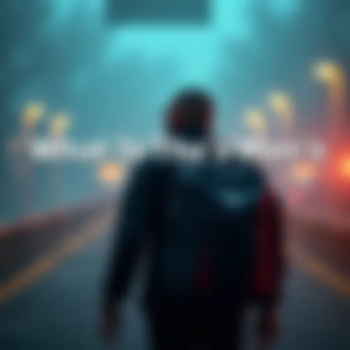 A man walking purposefully with a backpack, looking ahead as if on a mission