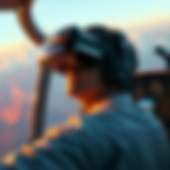 Man playing MSFS24 in VR A gamer immersed in virtual reality while flying in MSFS24, showcasing realistic cockpit and landscape views.