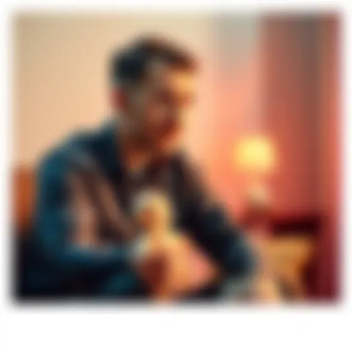 A thoughtful man sitting with a baby toy in hand, contemplating male reproduction. His expression shows curiosity and interest.