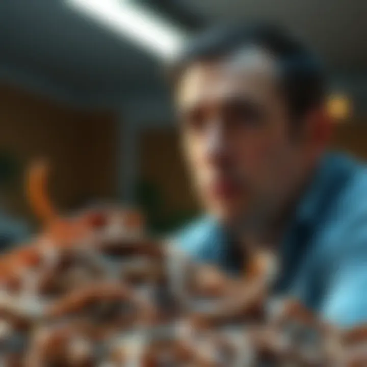 A man looks confused while staring at a pile of worms representing his wife. He shows a mix of concern and humor in his expression.