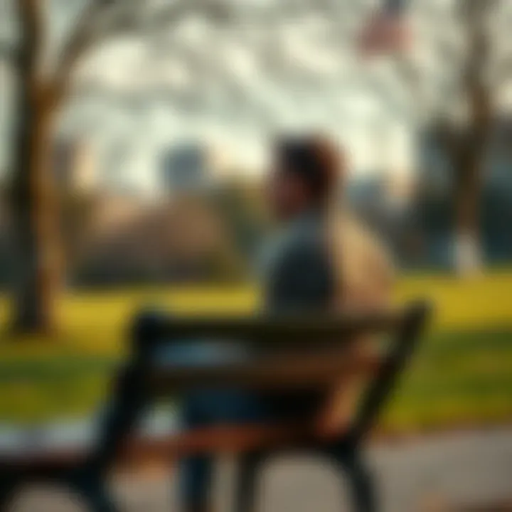 Man Reflecting on Life A 37-year-old man sitting on a park bench, looking thoughtfully into the distance, symbolizing uncertainty and contemplation about the future.