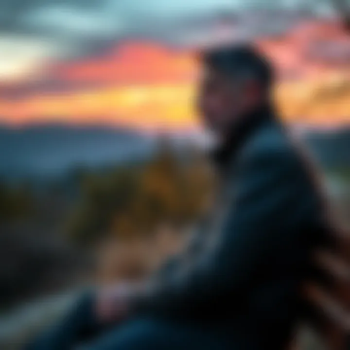 A thoughtful man sitting on a bench, looking pensive while surrounded by nature, symbolizing introspection and life experiences.