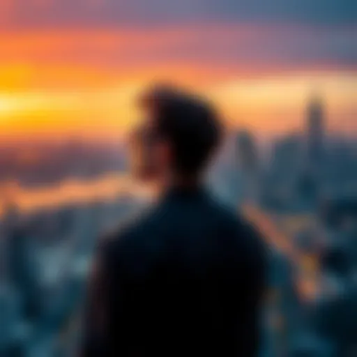 Man Reflecting on Masculinity A thoughtful man looking out over a city skyline, contemplating modern masculinity.