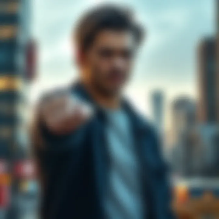 A man with dark hair and casual clothing, striking a pose similar to the character Cole MacGrath, with a city background.