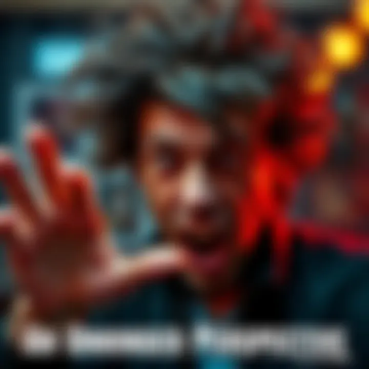 A man with wild hair and intense expression, gesturing animatedly as if lost in his thoughts, representing unusual behavior.