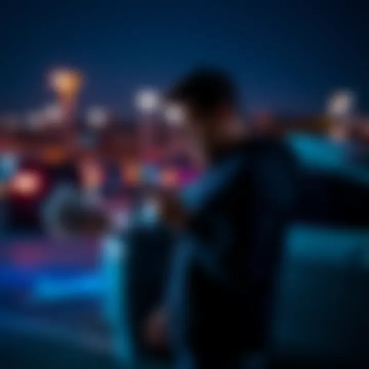 A man stands outside with a smartphone, activating his car remotely in a parking lot.