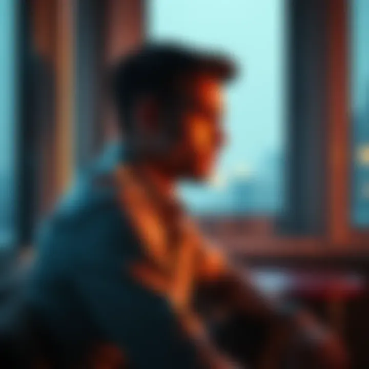 A man sitting alone, looking pensive while gazing out of a window, reflecting on relationships and emotional struggles.