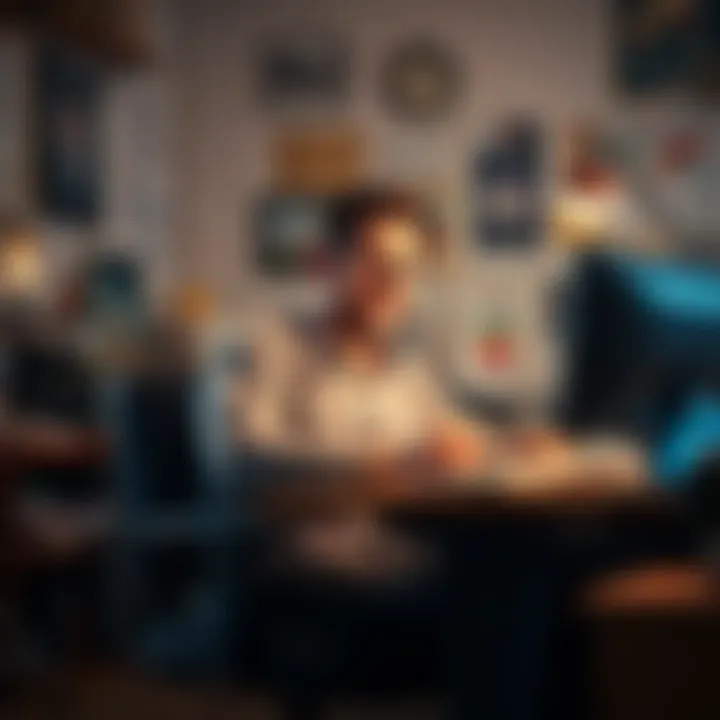 A man sitting at a cluttered desk, looking amused while reading news on an old computer running Internet Explorer.