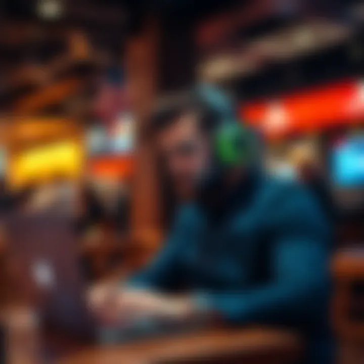 A man sits in a cafe wearing an Xbox Wireless Headset, enjoying music and focusing on his laptop.