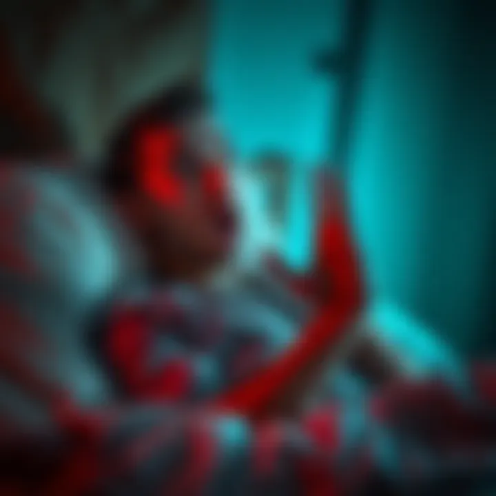 Man waking from a nightmare A startled man sitting up in bed, sweat on his forehead, looking terrified after a nightmare