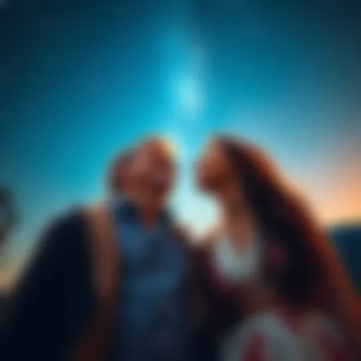 A man and woman looking up at a starry sky, sharing a joyful moment together, symbolizing love and humor.