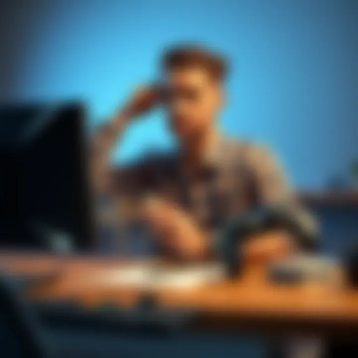 A 28-year-old man looks frustrated while sitting at a desk with a malfunctioning PC and a gaming controller in hand, reflecting his struggles with finances and technology.