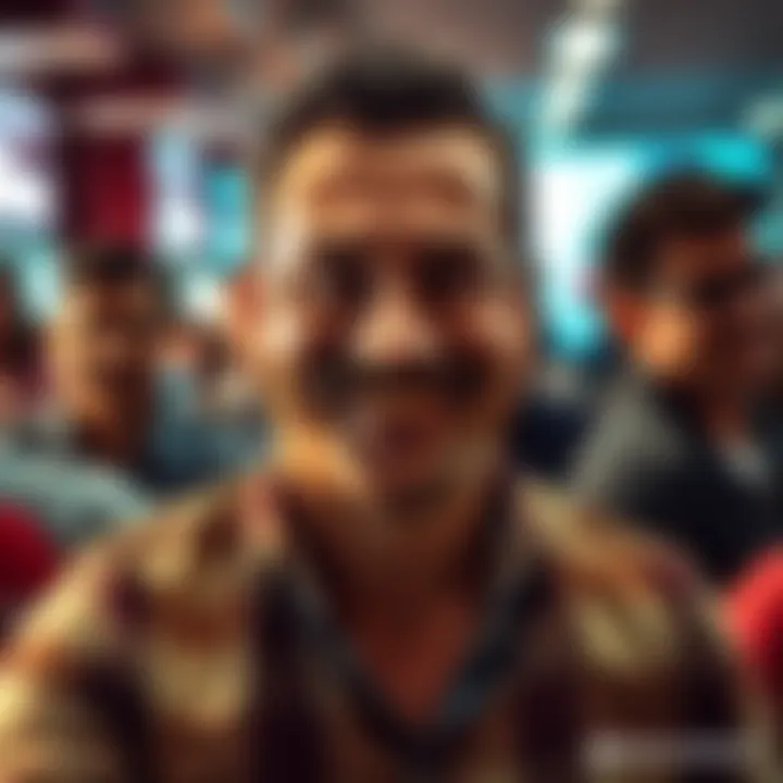 A man with a distinctive mustache smiling in a casual setting, drawing attention from people around him.