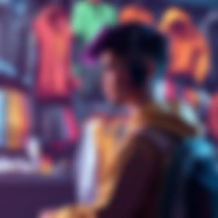 A gamer looking at various clothing items on screen, overwhelmed by choices.