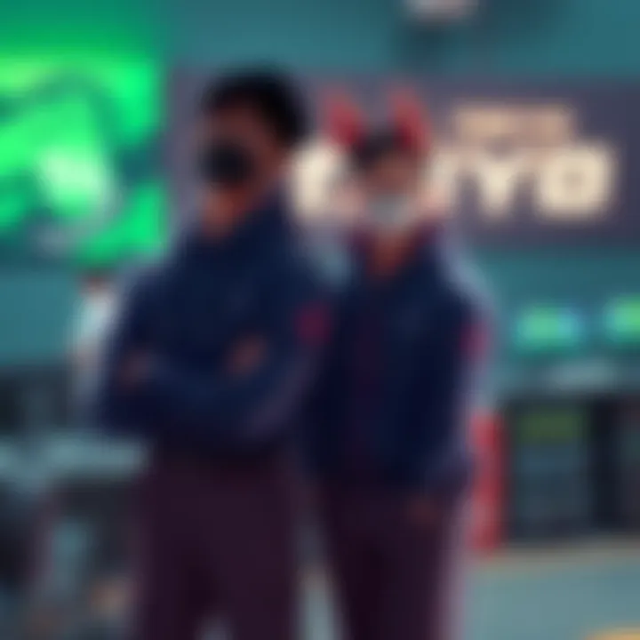 Mandu and Rexi in coaching attire standing together in front of a gaming setup, with the TOKYO TAIYOs logo visible in the background.