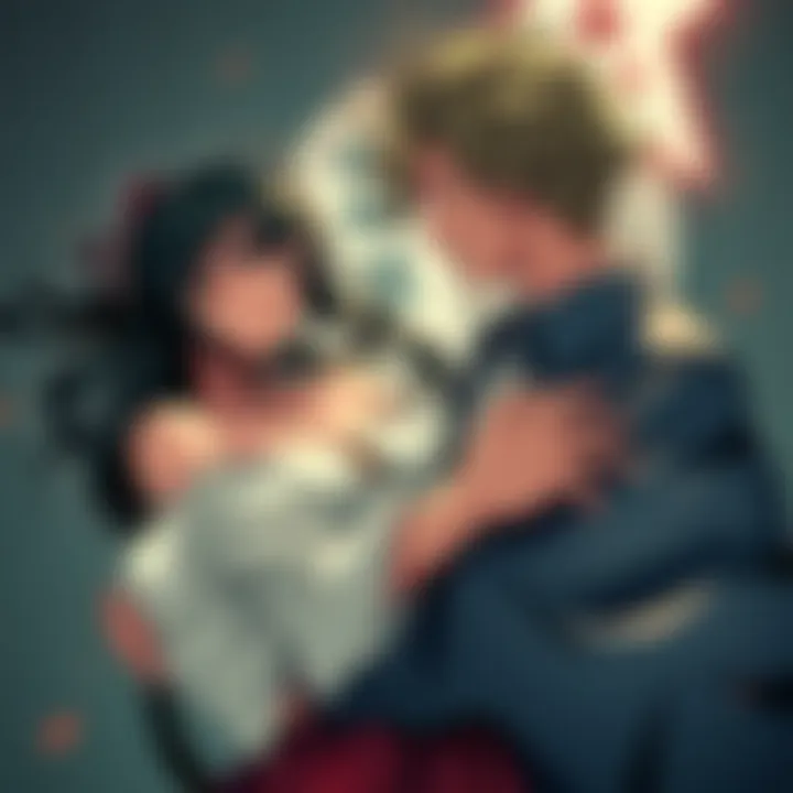 A possessive male character holds a female character tightly in a dramatic scene, showcasing tension and emotion within a horror setting.