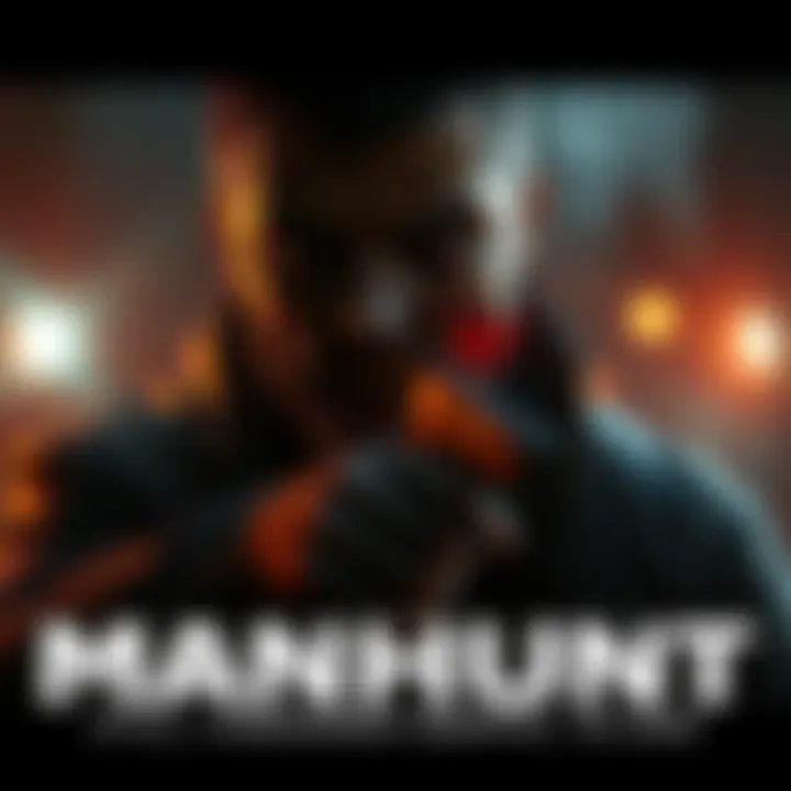 A dark, gritty scene from Manhunt showing a character in a tense moment with blood splatters